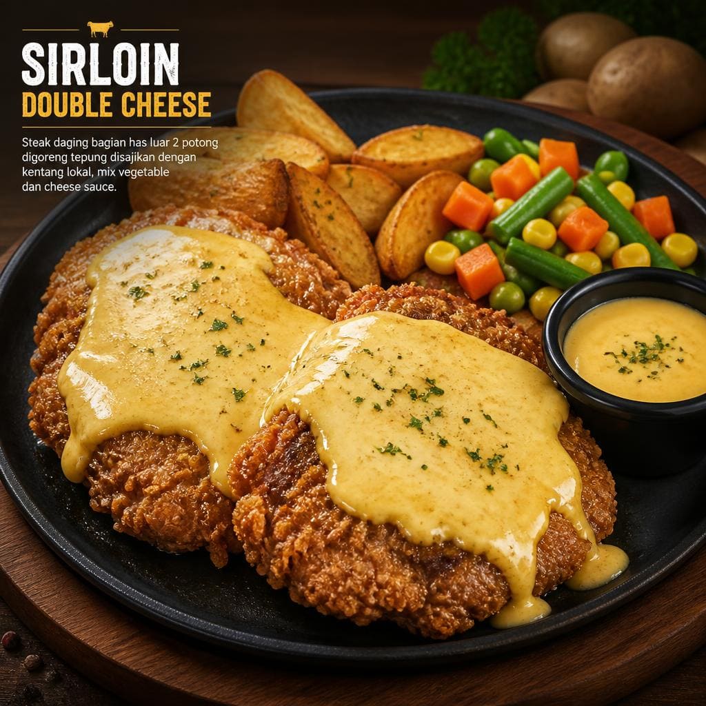 Sirloin Double Cheese dengan dua potong steak daging sapi bagian has luar dan saus keju